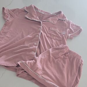 Women’s Pink Short Sleeve Pajama Set with Contrast Piping